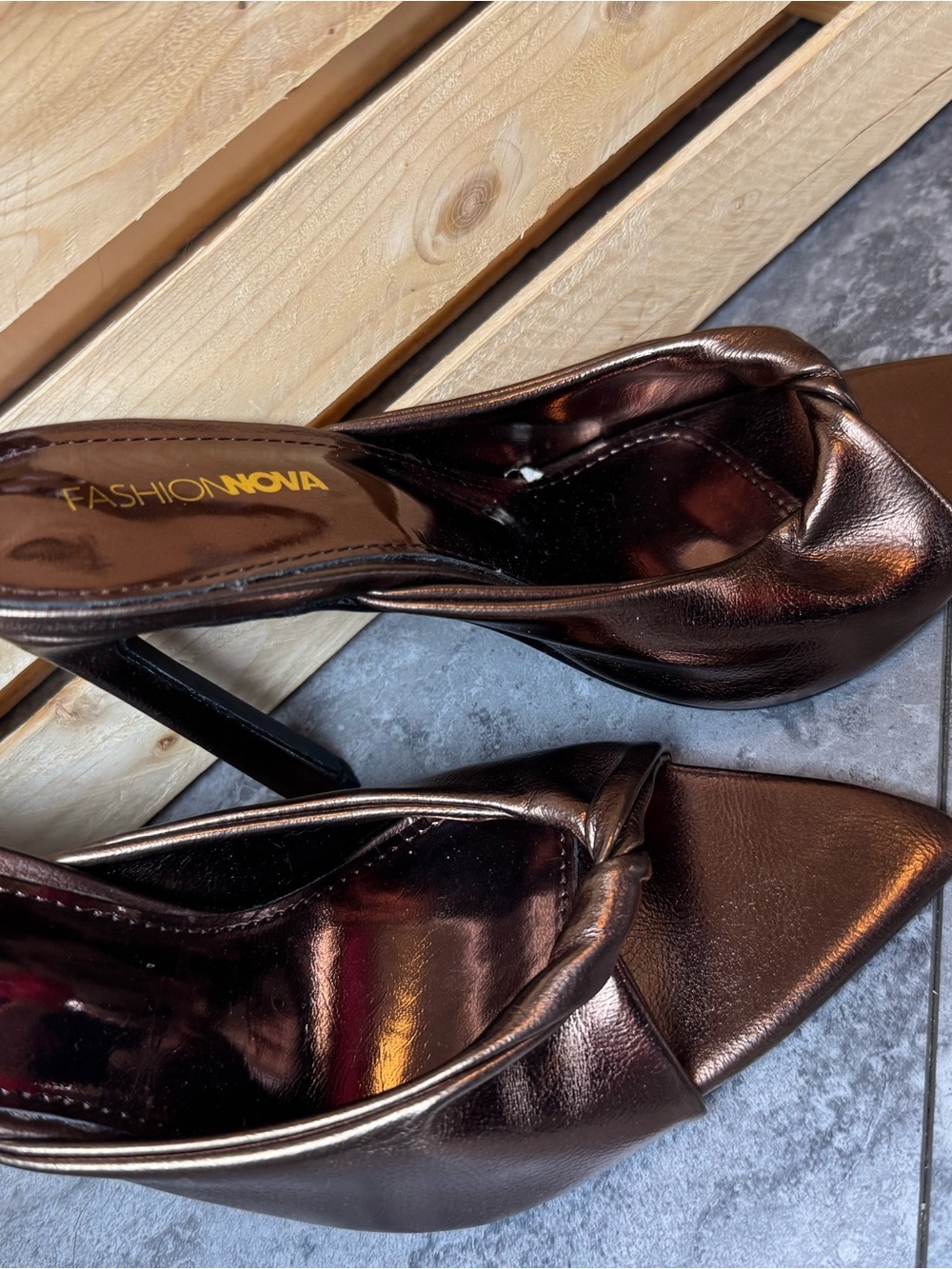 Fashion Nova Metallic Bronze Pointed Knot Heels